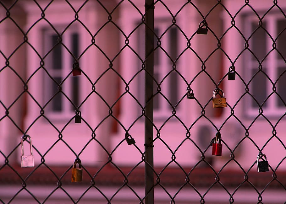 assorted-color locks hanging on fence, padlock, window, building HD wallpaper