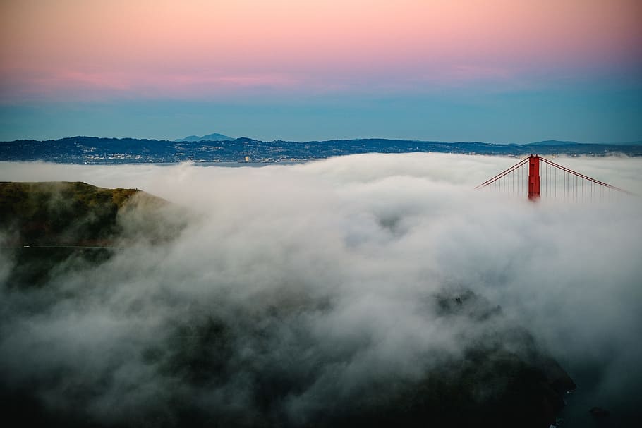 aerial photography of bridge under blue sky, bird's eye photography of Golden Gate Bridge with white clouds HD wallpaper