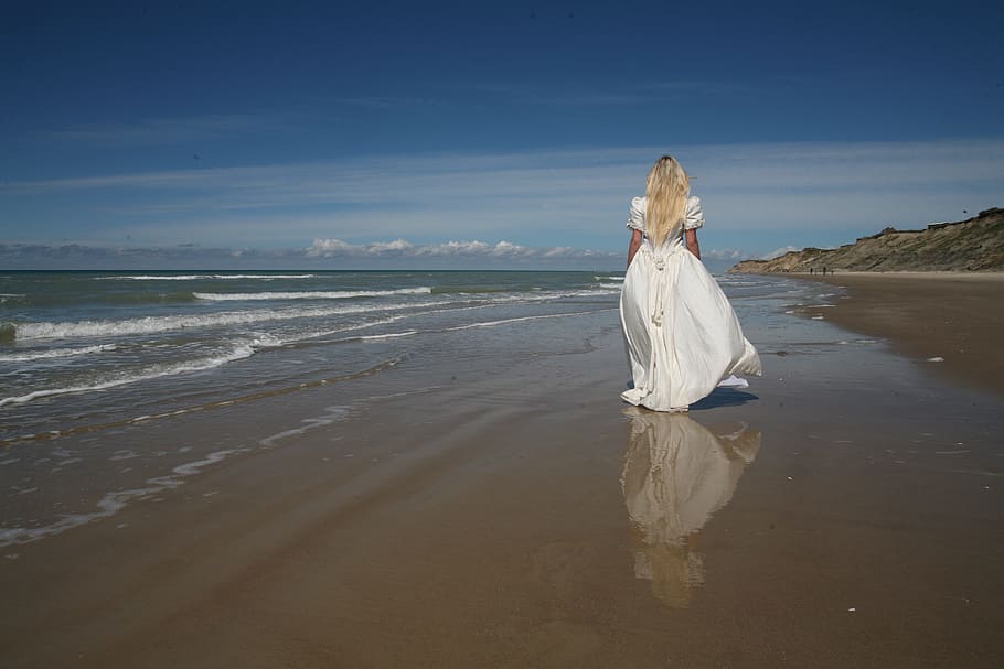 sea, landscape, nature, sky, beach, blond, bride, cliffs, clouds HD wallpaper