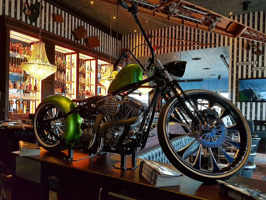 motorcycle, interior, restaurant, wheel, light, stripes, green HD wallpaper