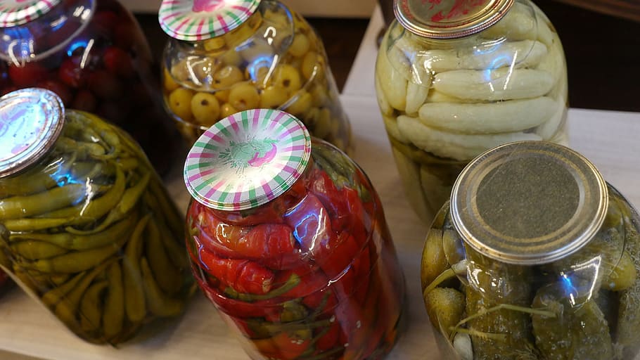 six assorted glass jars on table, Cans, Pickles, Tomatoes, Peasants HD wallpaper