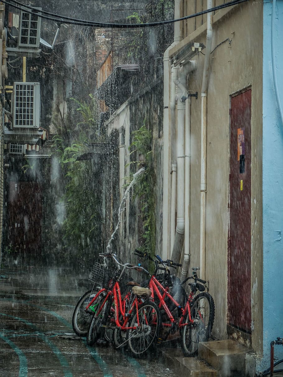 rain, bicycle, raining, wet, weather, building exterior, architecture HD wallpaper