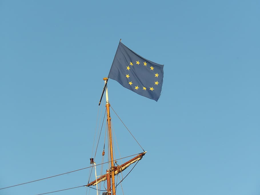 mast, flag, europe, sky, blue, low angle view, clear sky, copy space HD wallpaper