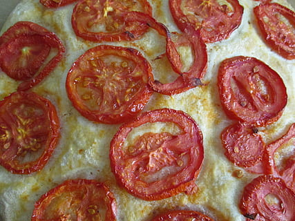 Focaccia, Pizza, Bread, Tomatoes, Baker, food and drink, freshness HD wallpaper