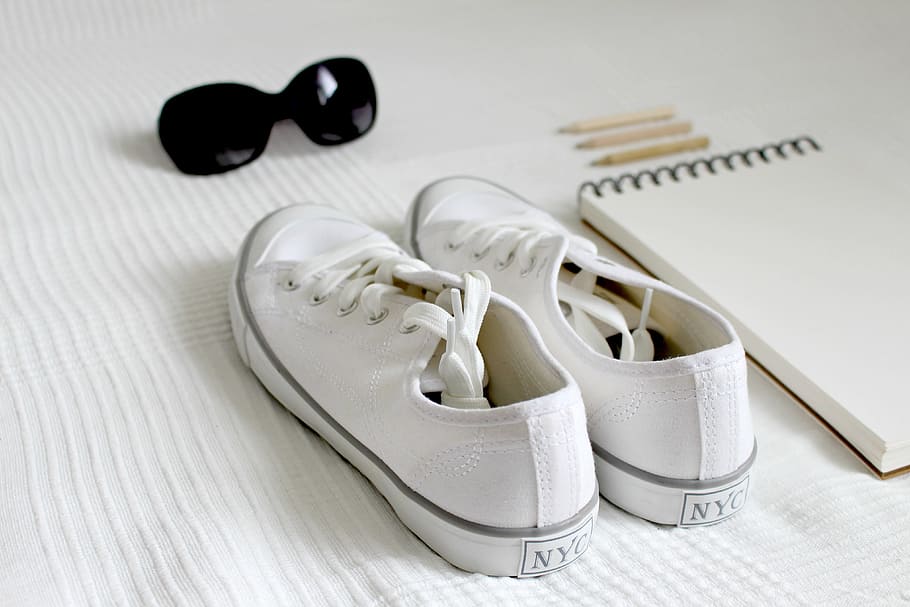pair of white low-top sneakers on white textile, Shoes, Pack