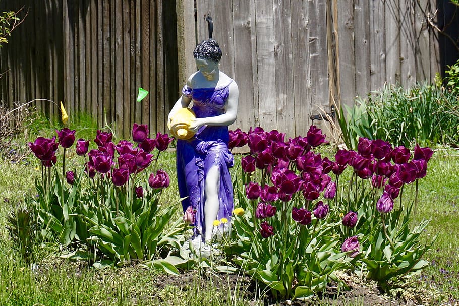 Garden Sculpture, Statue, Tulips, sunny, decorative, lawn, yard, HD wallpaper