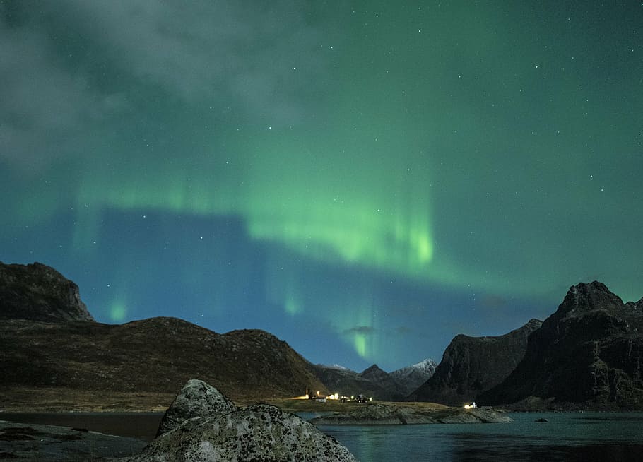 Aurora Borealis, lofoten, norway, night, beach, costa, winter, HD wallpaper