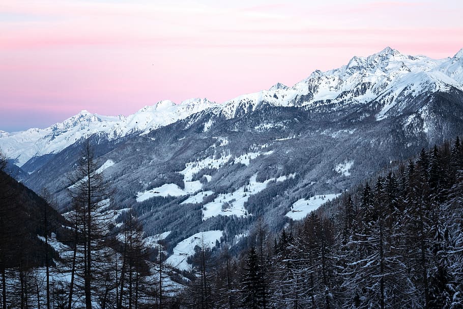 snow covered valley, mountains covered with snow and surrounded by trees HD wallpaper