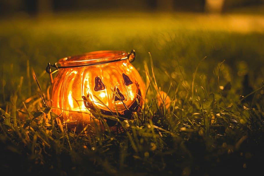 Halloween Candle Holder in Evening Grass, candles, ground, happy halloween, HD wallpaper