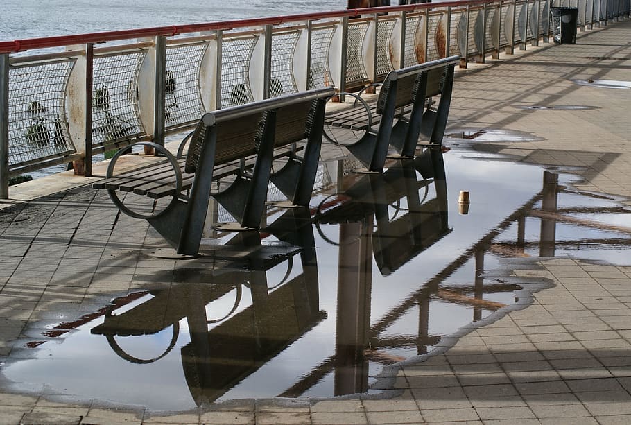puddle, abstract, benches, water, wet, river, reflection, scene HD wallpaper