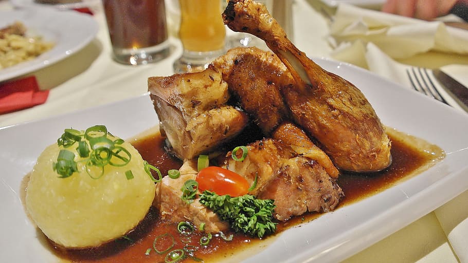 serving of roasted chicken on white ceramic dinner plate, roast duck HD wallpaper