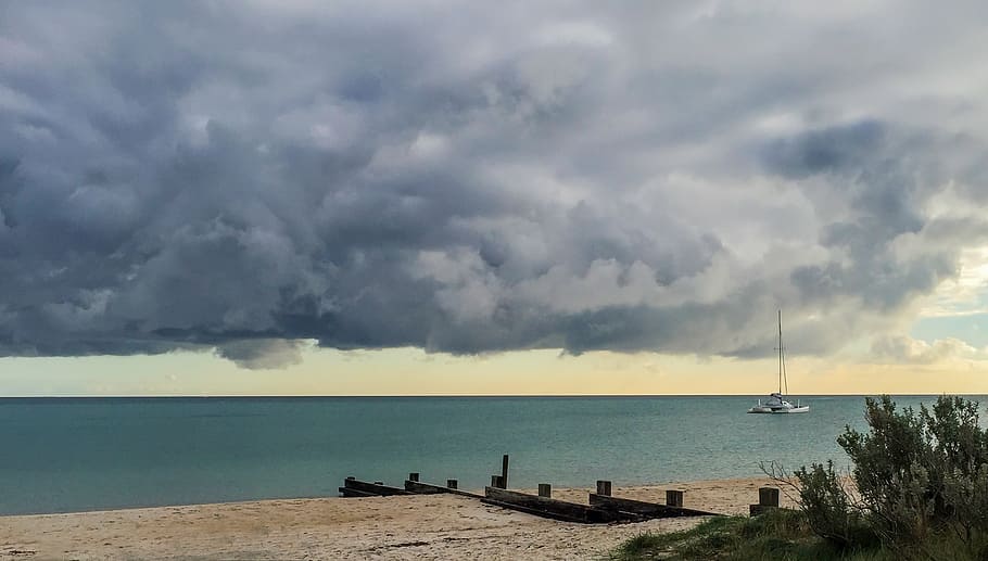 clouds, sand, beach, bay beach, port phillip bay, sea, bathing box HD wallpaper