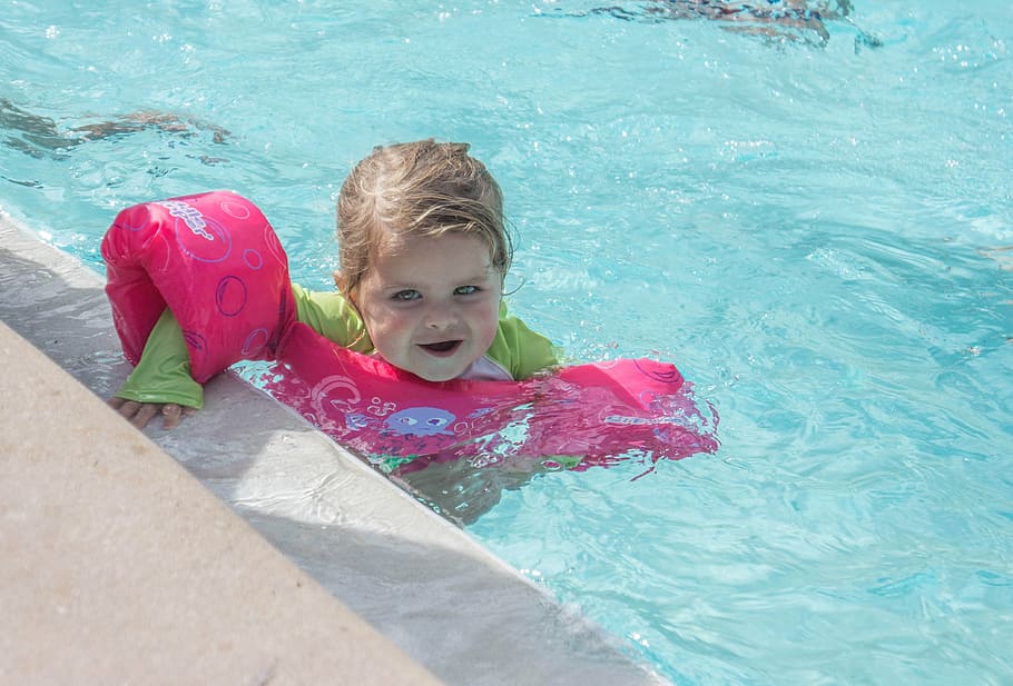 HD wallpaper: girl wearing pink arm ring vest in pool, child, swimming ...