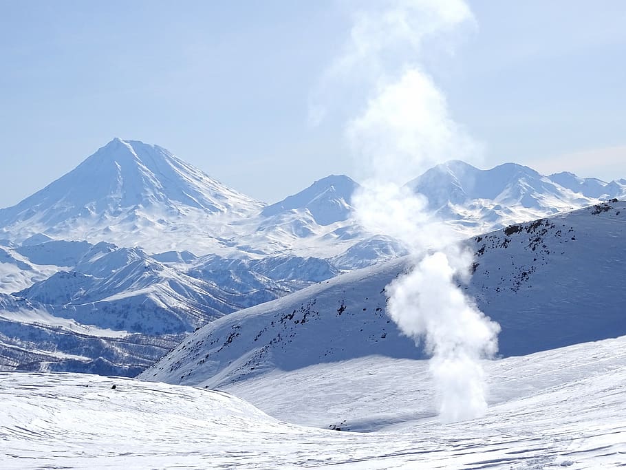 fumarole, pairs, post, winter, snow, coldly, frost, volcano HD wallpaper