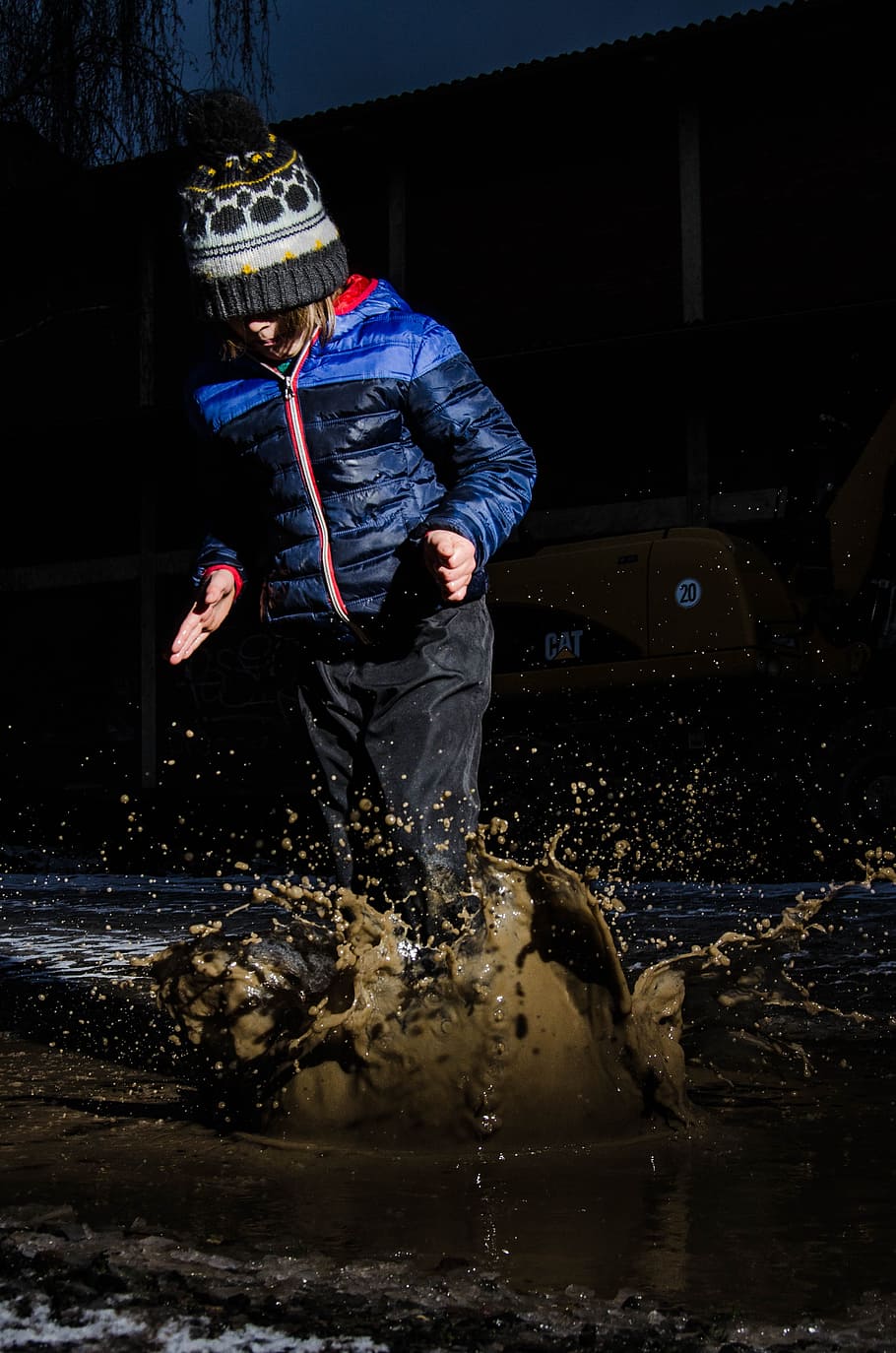 puddle, child, winter, inject, drop of water, jump, wet, outdoor, HD wallpaper
