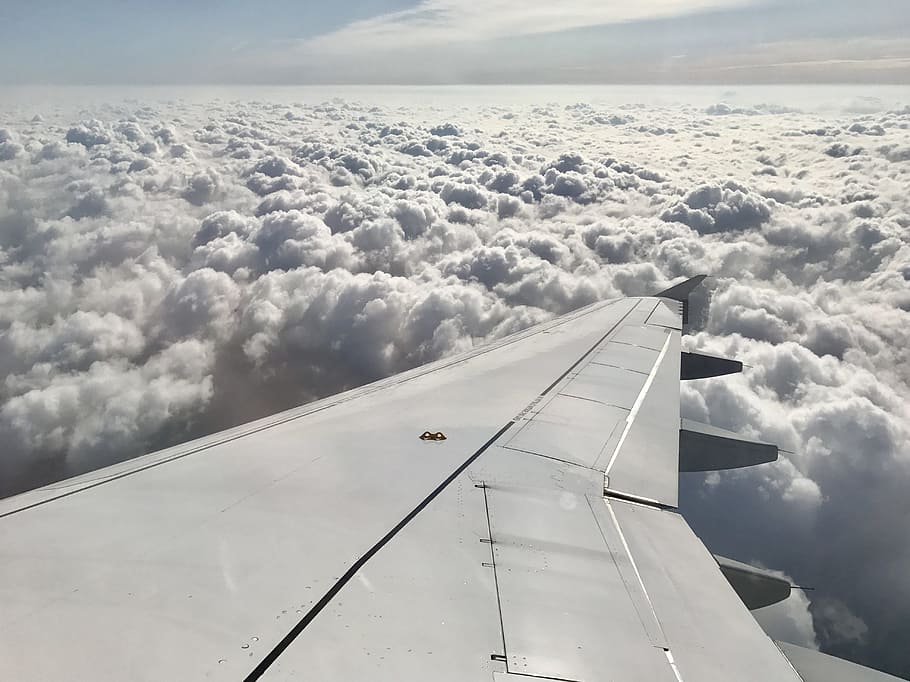 flying gray aircraft, clouds, sky, aviation, jet, propeller HD wallpaper