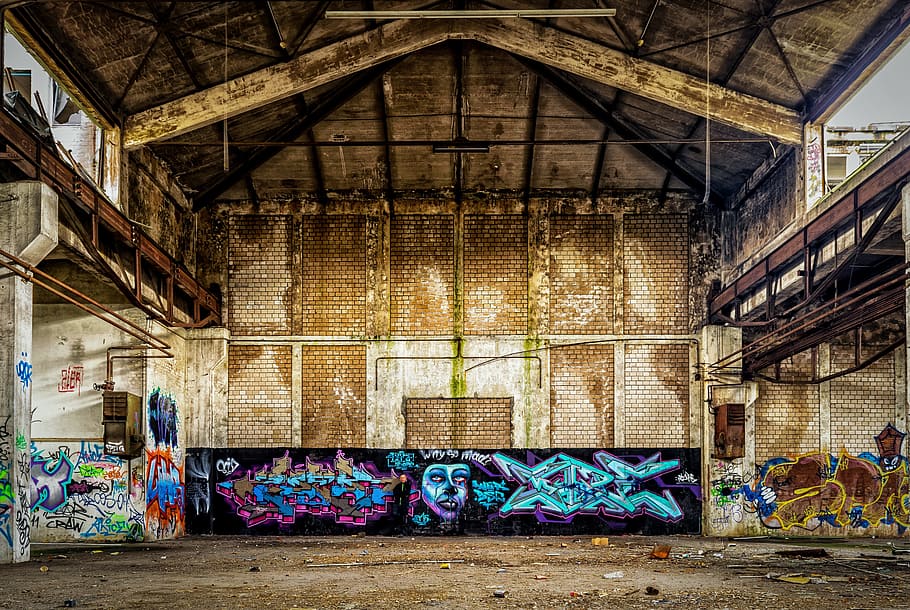 photo of graffiti artwork, lost places, factory, hall, man, alone, HD wallpaper