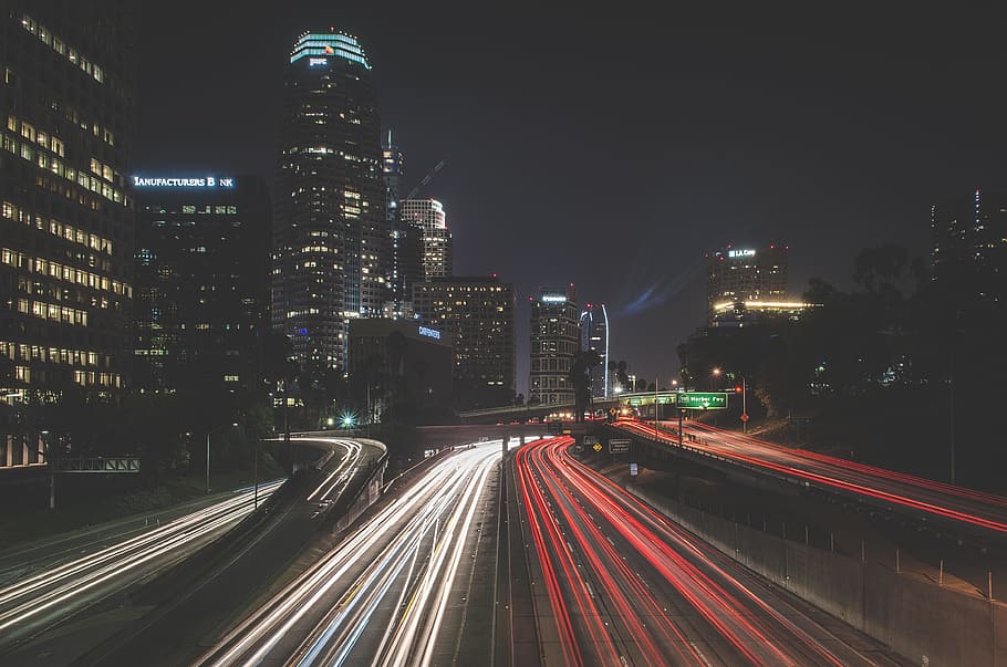time-lapse photo of City road, highway, lights, night, dark HD wallpaper