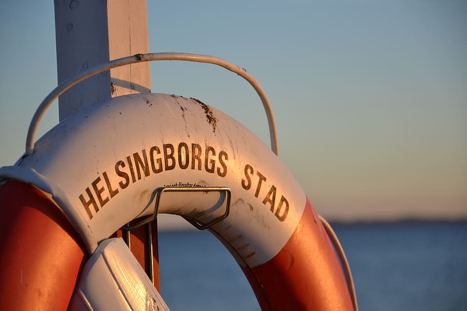 helsingborg, sea, lifebuoy, water, sky, nature, no people, text, HD wallpaper