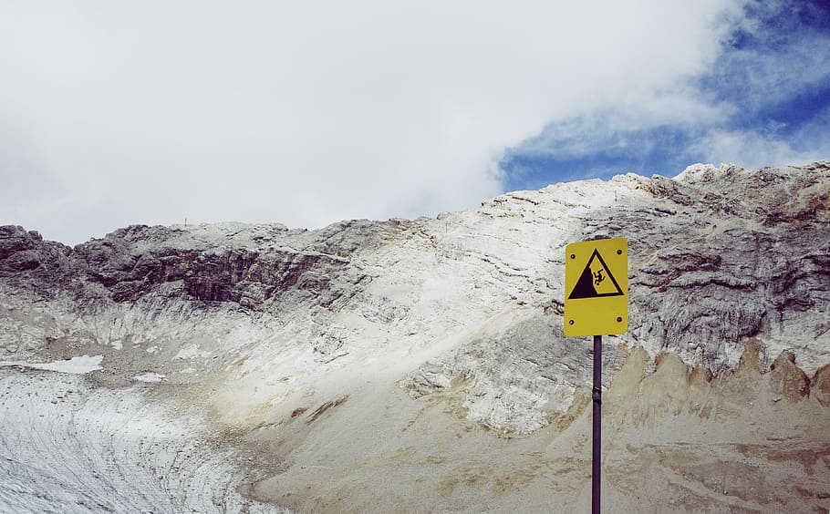 yellow road signage, fault, block, mountain, daytime, nature HD wallpaper