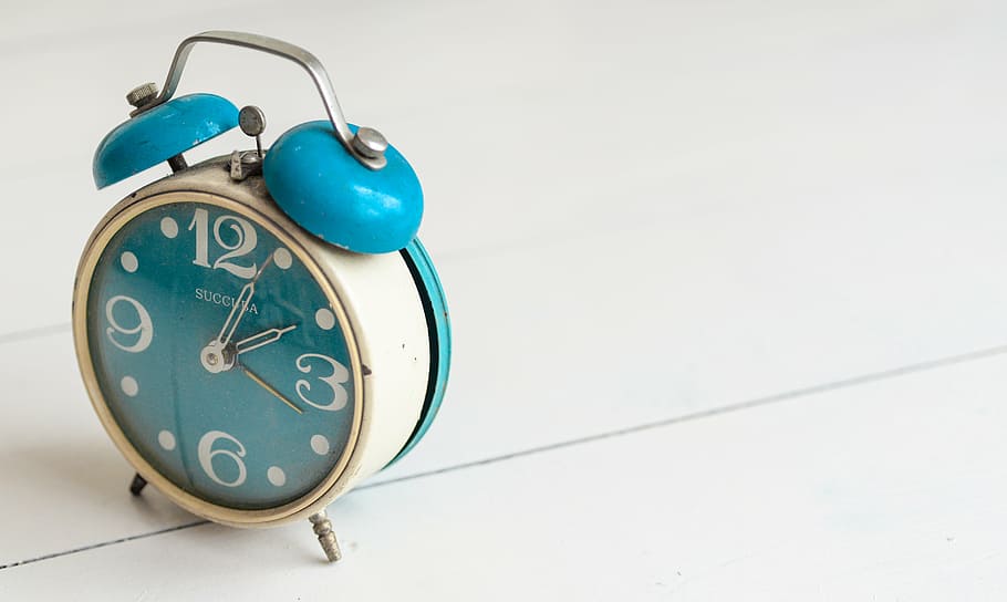white and teal bell alarm clock, time, hour, minute, watch, retro