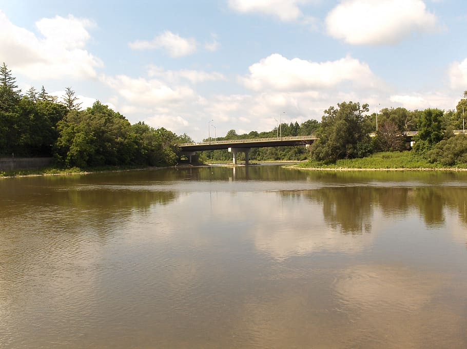 River, Riverside, Bridge, Water, water reflection, green, trees HD wallpaper