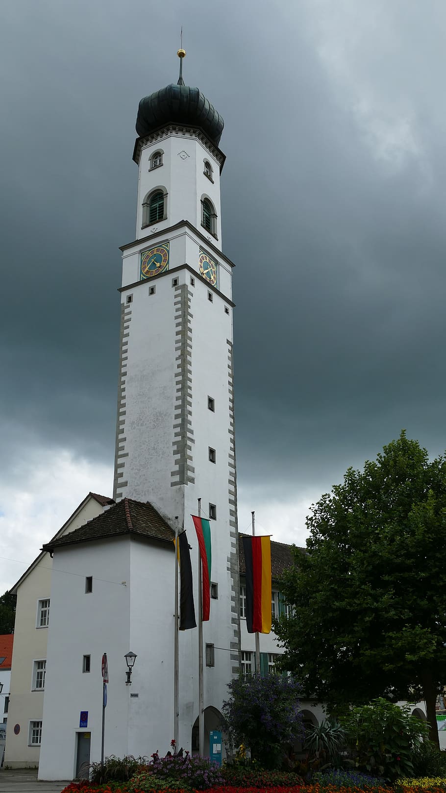 blaser tower, isny, flags, architecture, building, building exterior HD wallpaper