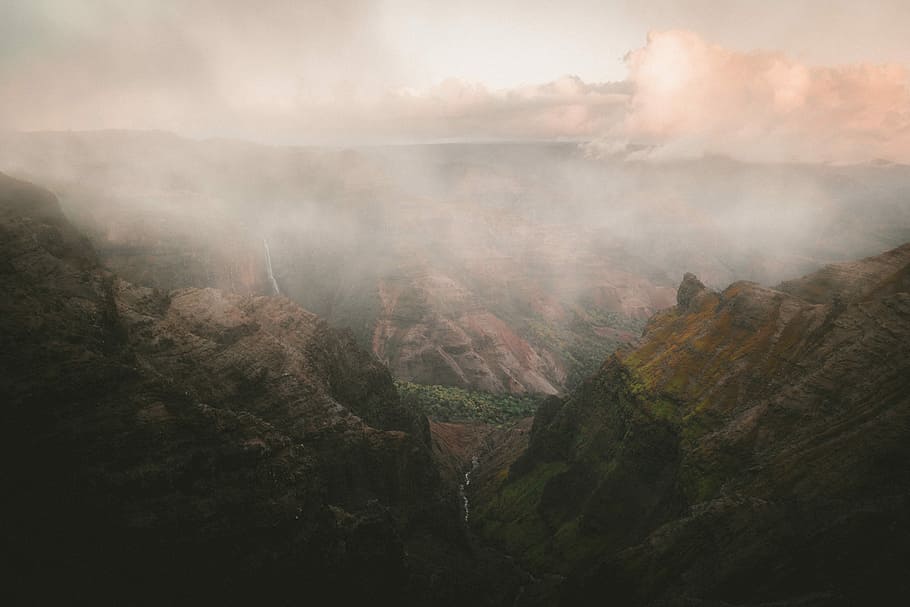 mountainous terrain covered with fog, mountain aerial photography HD wallpaper