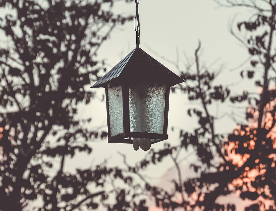 black hanging garden bollard, black metal CFL pendant lamp, lantern HD wallpaper