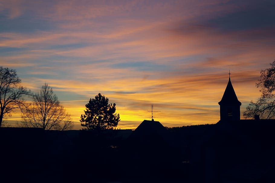 sunrise, church, trees, silhouette, sky, cloud - sky, building exterior, HD wallpaper