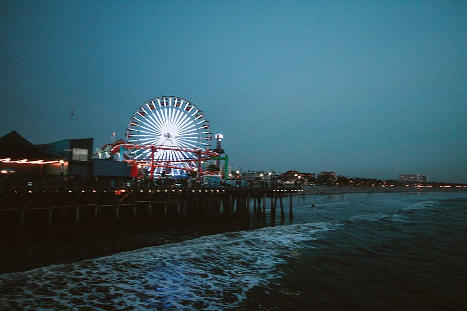 Ferris Wheel Lit during Night Time, architecture, bay, beach HD wallpaper