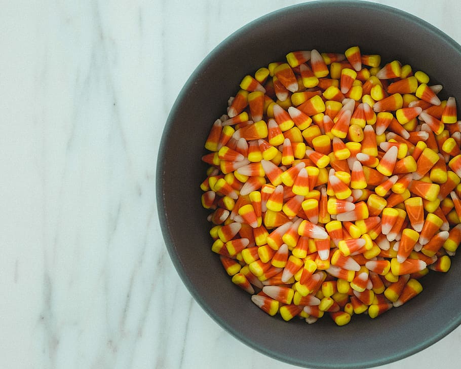 round gray bowl on white marble board, bowl of multicolored corns HD wallpaper