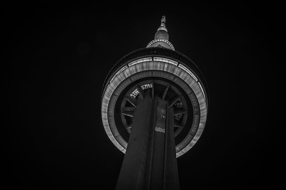 CN Tower in grayscale photography shot, Toronto, Black And White, HD wallpaper