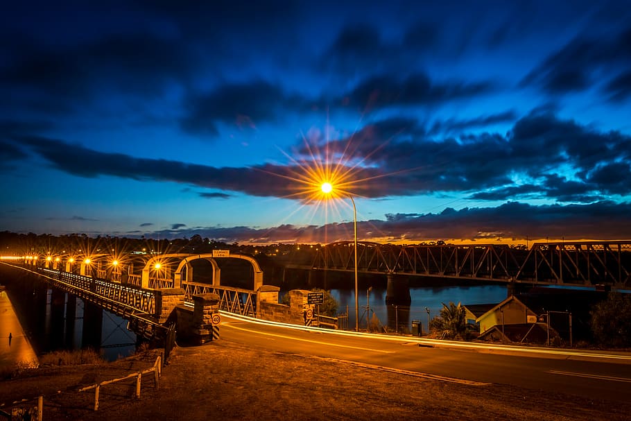 bridge, starburst, river, transportation, illuminated, night, HD wallpaper