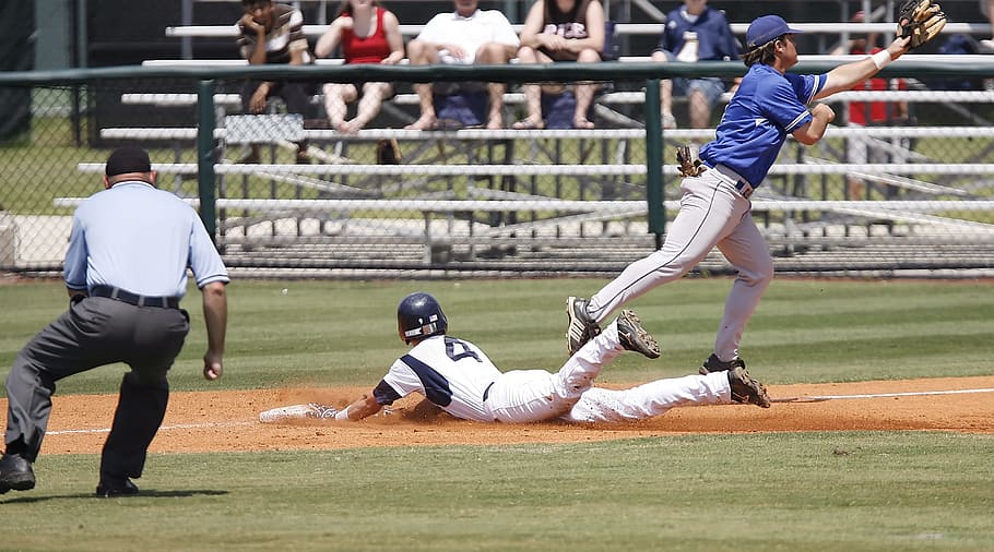 baseball, sliding, action, player, game, sport, safe, field HD wallpaper