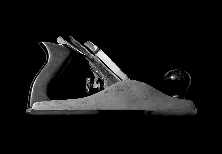 grey steel hitch ball, grayscale photo of jack plane, tools, black and white HD wallpaper