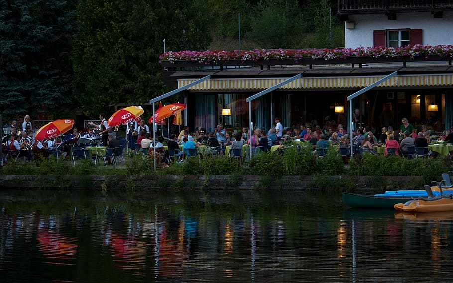 Evening, Lakeside, Cafe, Entertainment, water refection, natters HD wallpaper