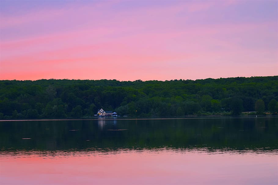 lake, sunset, pink sky, reflection, water, landscape, nature HD wallpaper
