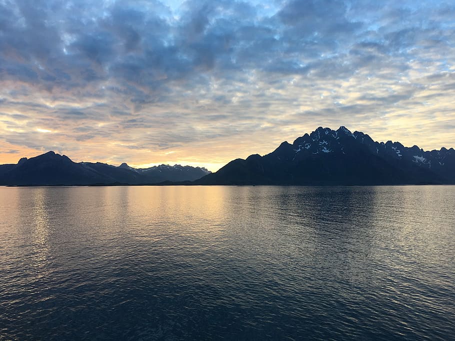 midnight sun, fjords, sea, norway, travel, sky, mountain, water