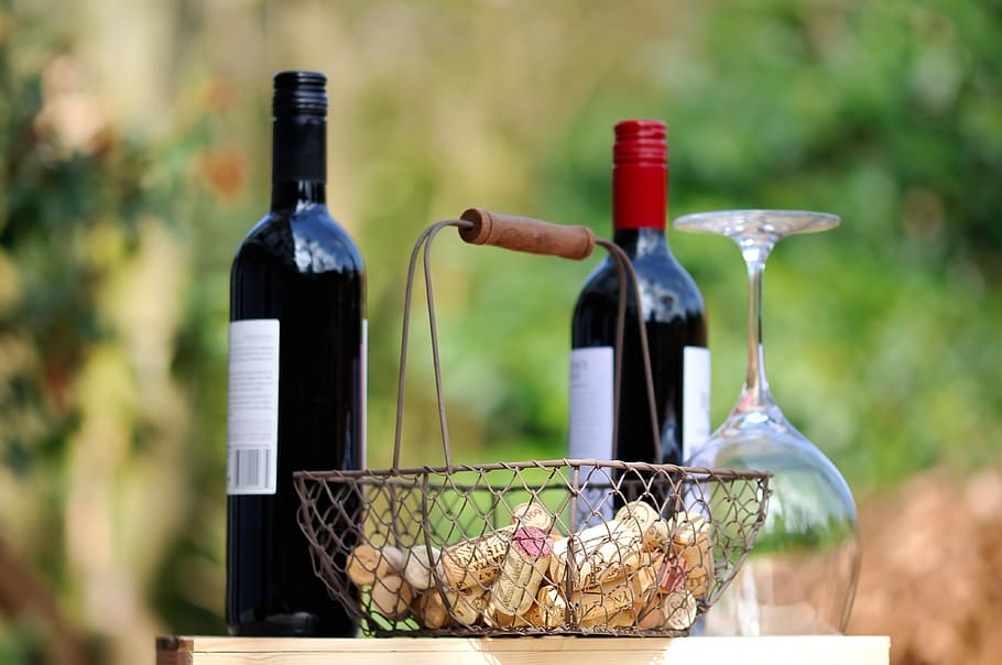 two wine bottles near gray metal basket, beverages, drink, alcohol HD wallpaper