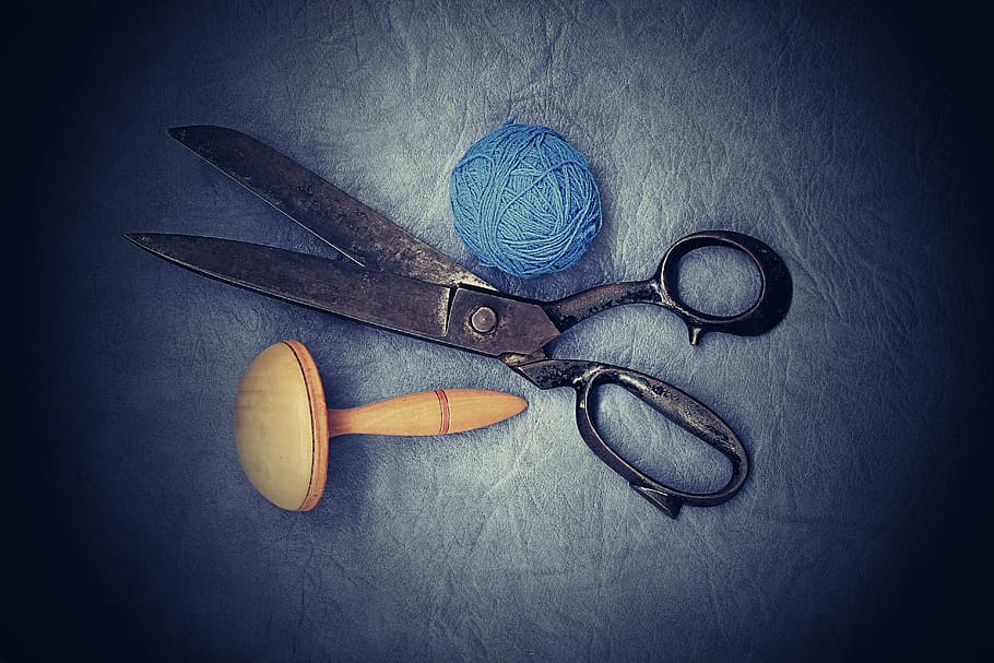 gray scissors near blue yarn, old, sewing, on peace, work, couture, HD wallpaper