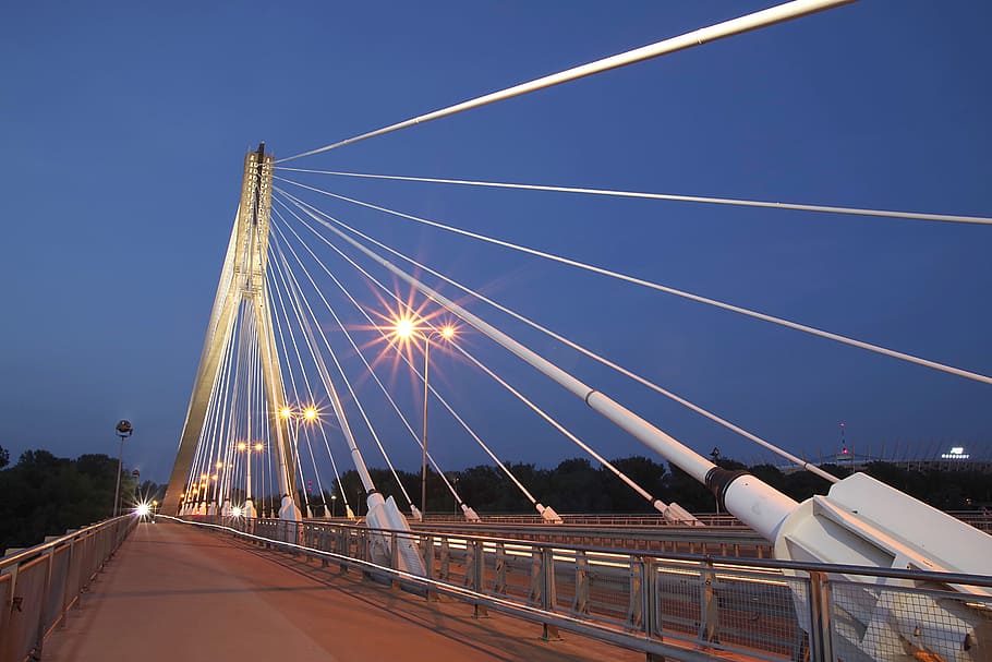 bridge, modern, warsaw, swietokrzyski bridge, night, light, HD wallpaper