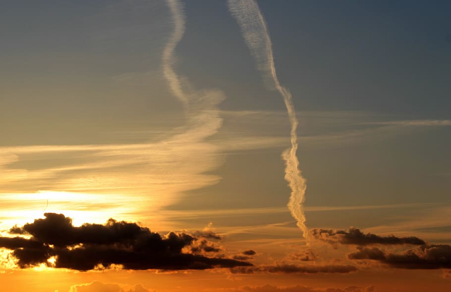 sunset, clouds, dark clouds, bright cloud, contrail, abendstimmung HD wallpaper