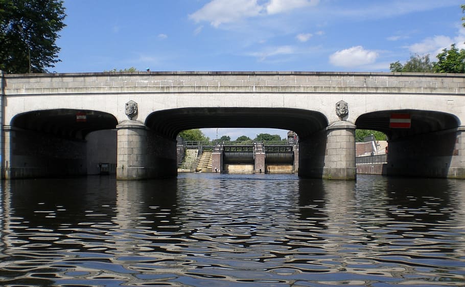 architecture, building, weir, bridge, water, hamburg, built structure HD wallpaper