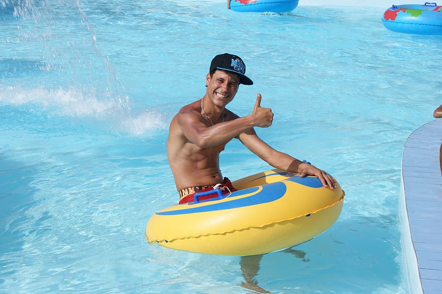 man on yellow pool float, water, swim, fun bathing, summer HD wallpaper