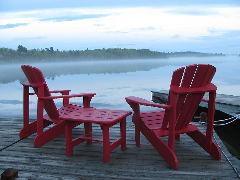 three red wooden 3-piece pub set, dock, adirondack, river, water HD wallpaper