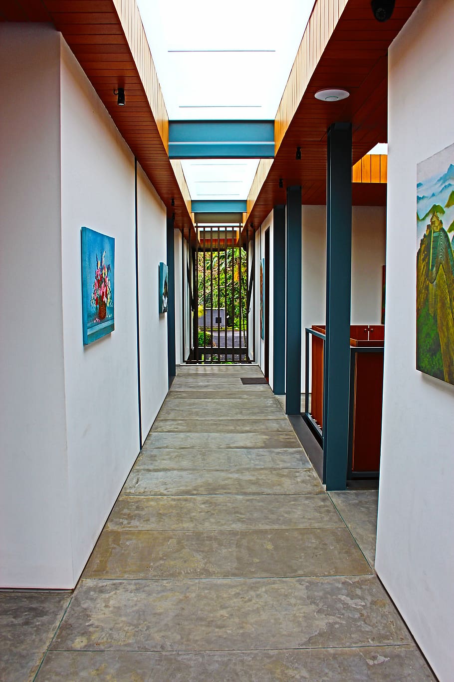 corridor, walkway, wall art, gate, path, architecture, villa HD wallpaper