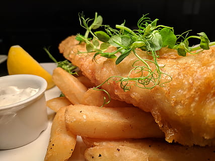 fish and chips, cod, lemon, fish friday, fried, food, dinner HD wallpaper