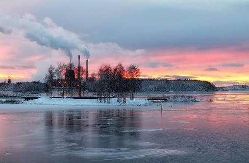 photo of black tree and ice wall, finland, sky, clouds, sunset HD wallpaper