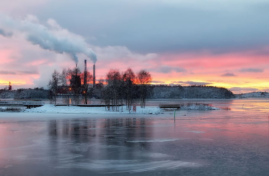 photo of black tree and ice wall, finland, sky, clouds, sunset HD wallpaper